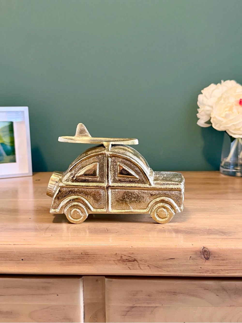 Vintage Gold Surfboard Car Figurine Coastal Beach House Decor